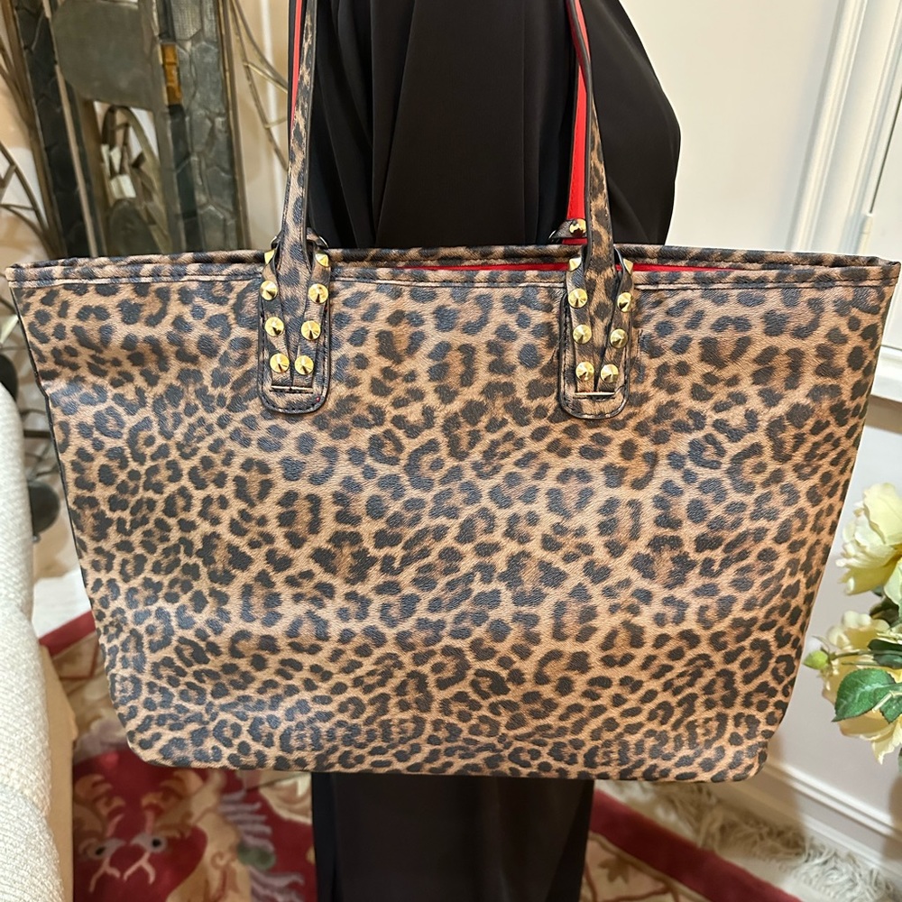 Vegan leather large leopard tote